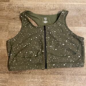 Torrid Happy Camper Olive Green Zip Front Sports Bra Size 4X Splatter Print